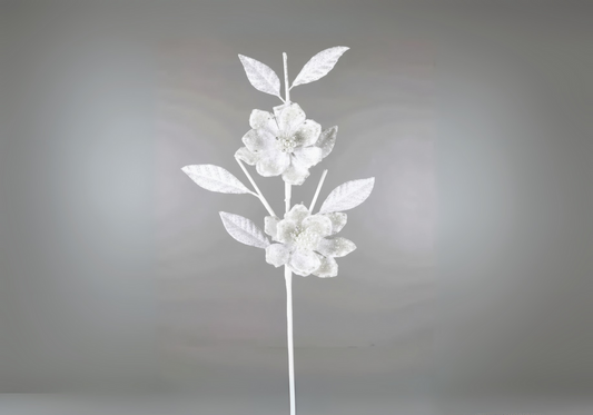 Rama dos Magnolias Terciopelo Blanco con Filo Escarchado y Piedritas