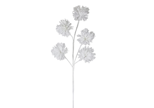 Rama Cinco Pompones Blancos Escarchados
