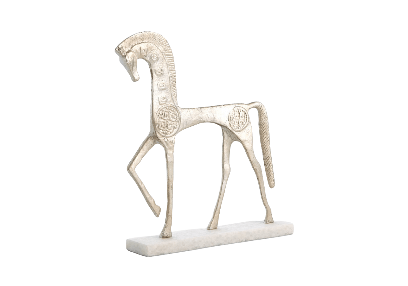 Escultura de Caballo Romano de Metal Plateado en Base de Mármol Blanco