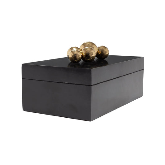 Caja Rectangular de Resina Negra con Esferas Metálicas Doradas