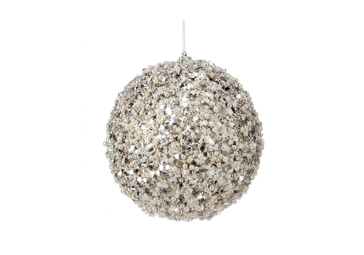 Esfera Plateada con Lentejuela y Perlitas Blancas 15 cm
