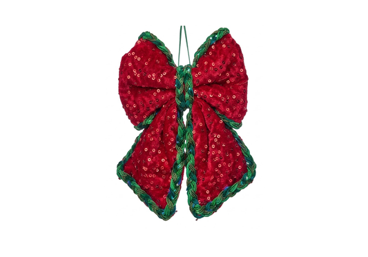Moño de Terciopelo Rojo con Lentejuelas y Borde Verde 30 cm