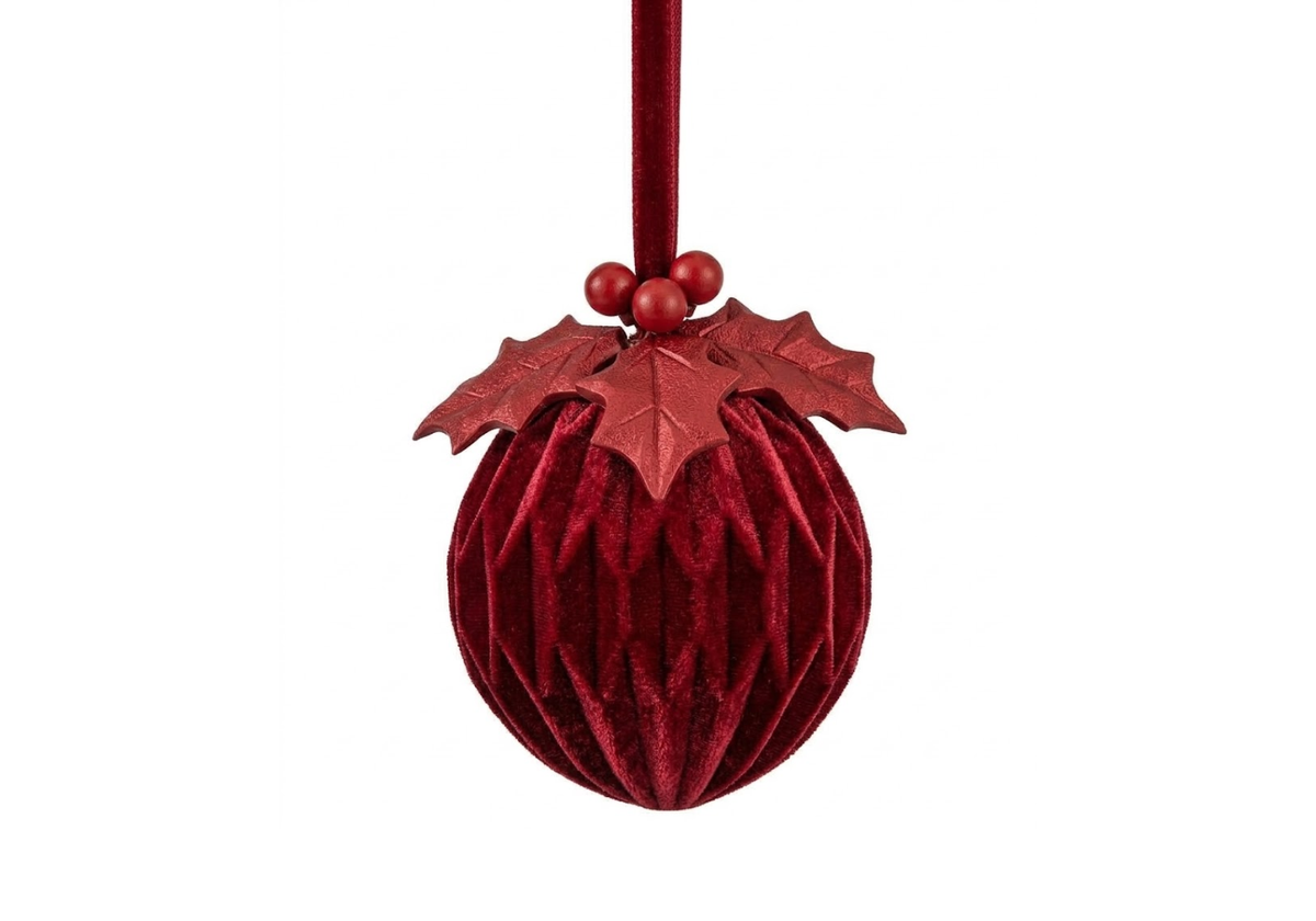 Esfera de Terciopelo en Rojo Plisado con Holly y Berries