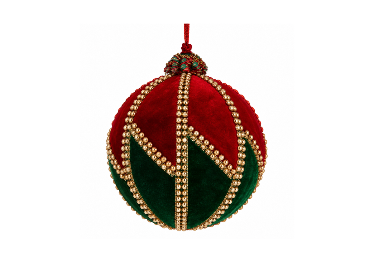Esfera de Terciopelo Verde y Rojo Zigzag con Cuentas Doradas 10 cm