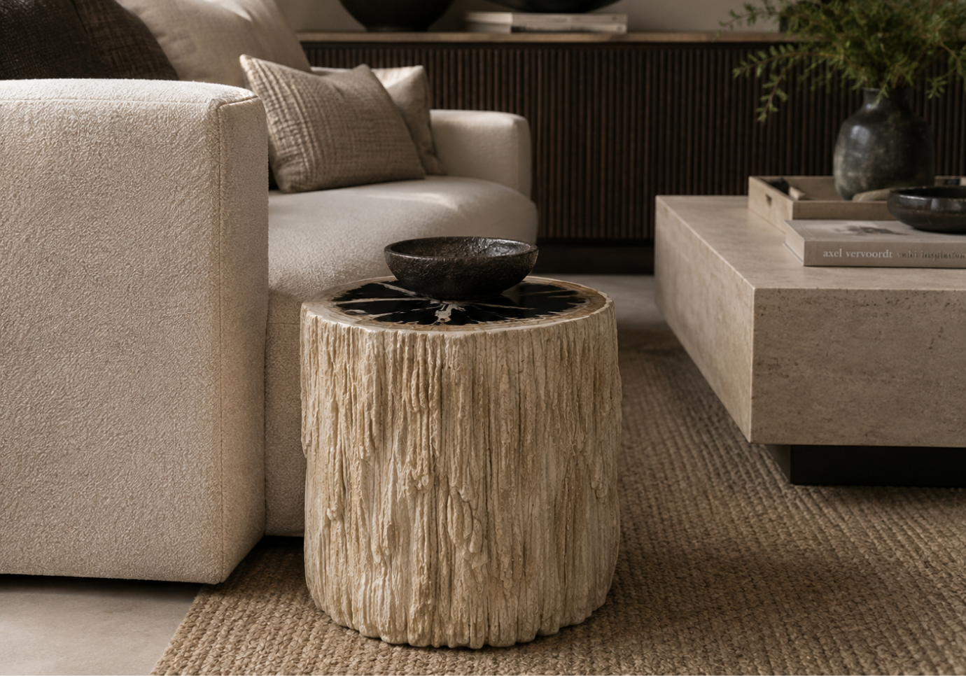 Mesa Lateral Cilíndrica de Madera Petrificada