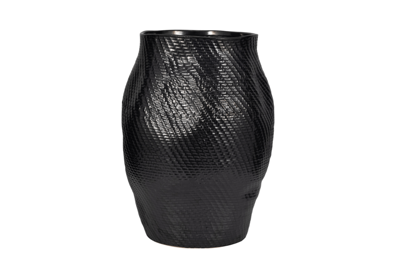 Florero Redondo de Cerámica Negra con Boca Ancha y Textura
