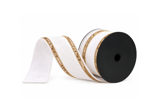 Liston de Terciopelo Ivory con Bordes de Lentejuela Dorada 6 cm