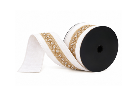 Liston de Terciopelo Ivory con Cenefa Dorada 6 cm