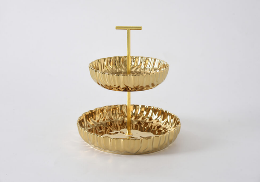 Dulcero de Dos Pisos Dorado de Porcelana - Simone