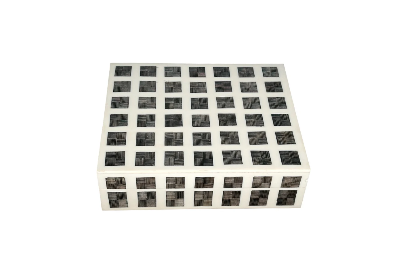 Caja Rectangular de Resina Blanca con Cuadros de Cuerno Negro
