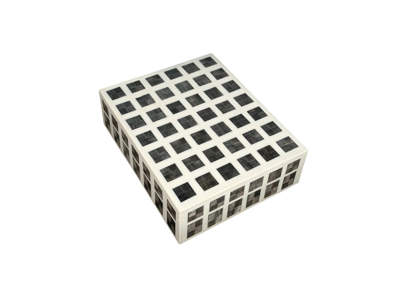 Caja Rectangular de Resina Blanca con Cuadros de Cuerno Negro