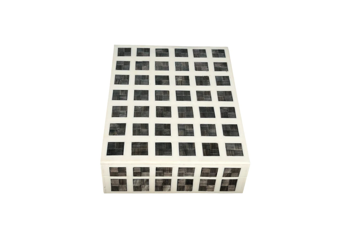 Caja Rectangular de Resina Blanca con Cuadros de Cuerno Negro