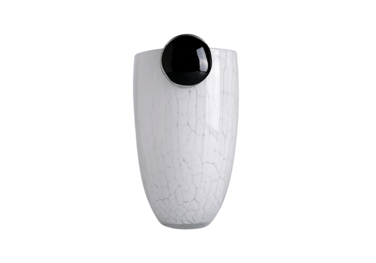 Florero de Vidrio Cilindro Blanco Craquelado con Circulo Negro