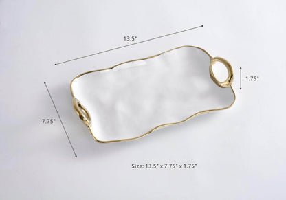 Botanero Cerámica Rectangular Blanco con Asas Doradas