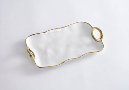Botanero Cerámica Rectangular Blanco con Asas Doradas