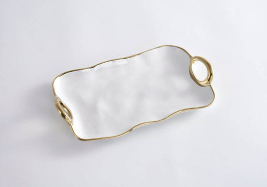 Botanero Cerámica Rectangular Blanco con Asas Doradas