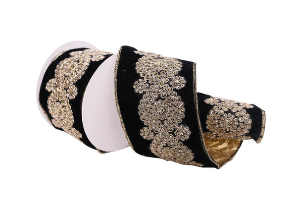 Listón de Terciopelo Negro Bordado Dorado 10 cm