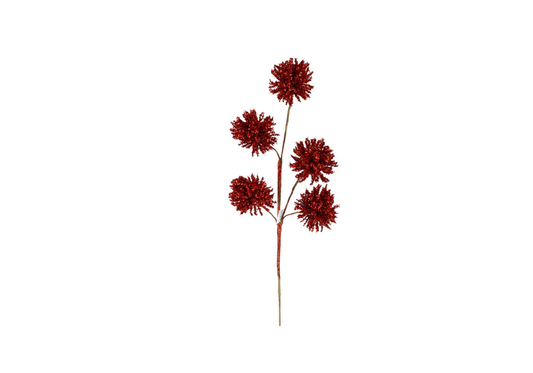 Rama Cinco Pompones Rojos Escarchados