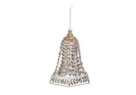 Campana de metal dorado brillante con joyas transparentes