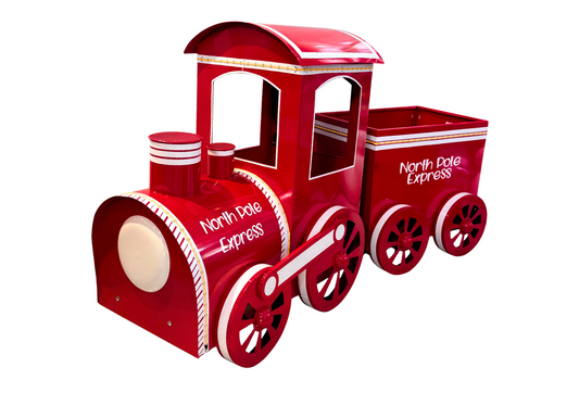 Tren de metal con vagón rojo y blanco con luz
