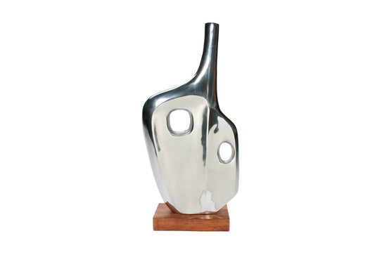 Escultura de Metal Plateada Base de Madera