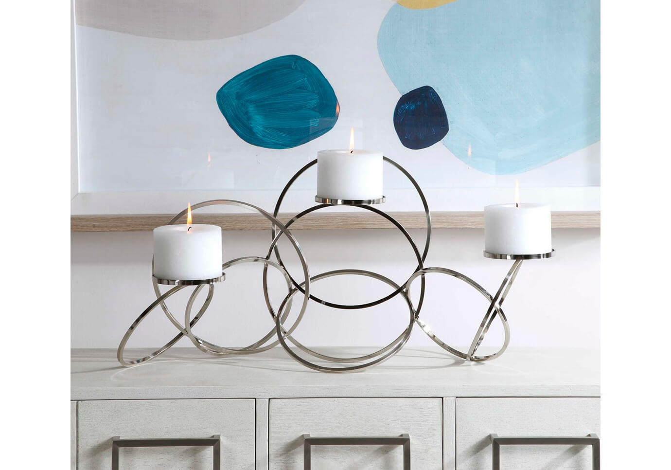 Candelabro Metálico Horizontal Aros Plateados