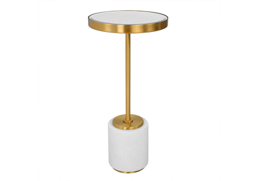 Mesa Ocasional Redonda Latón Dorado Base Vinipiel Blanca