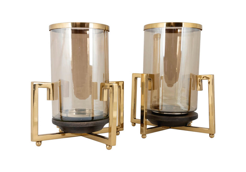 Candelabro Vidrio Humo Base Dorada - Set de Dos