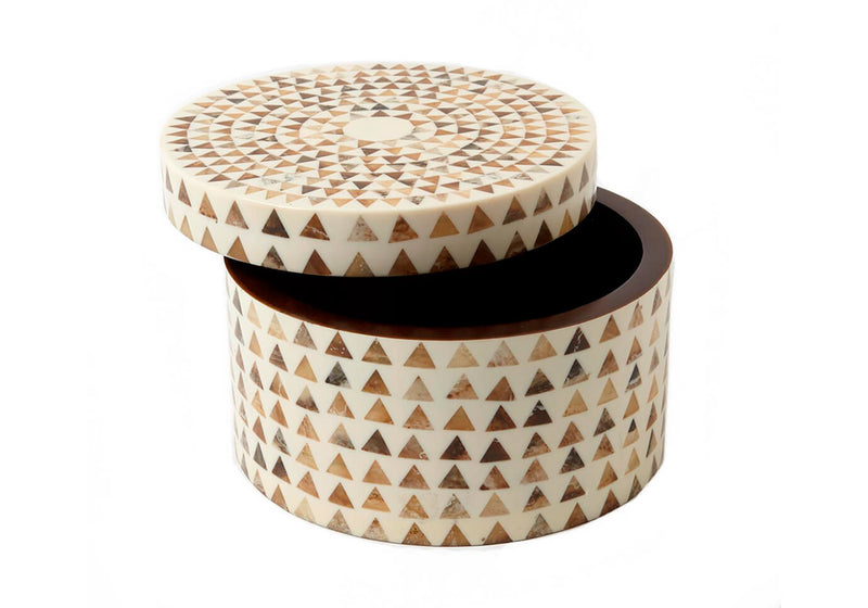 Caja Redonda de Madera Diseño Triángulos Café y Beige