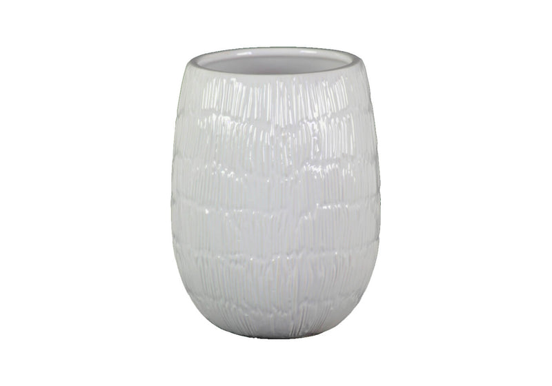 Florero Cerámica Relieve Líneas Blanco Brillante