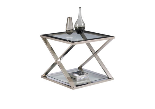 Mesa Lateral Cromada Doble Vidrio y Doble Cruz - Simone