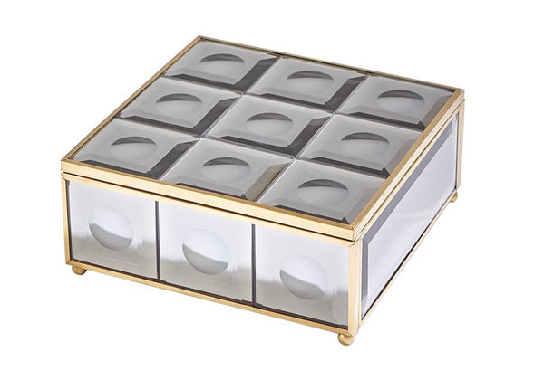 Caja de Espejo Ojos Gris Borde Latón Dorado