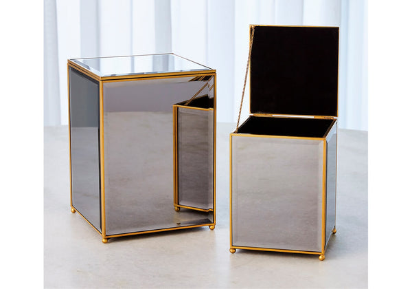 Caja de Espejo Gris Biselado Borde Latón Dorado