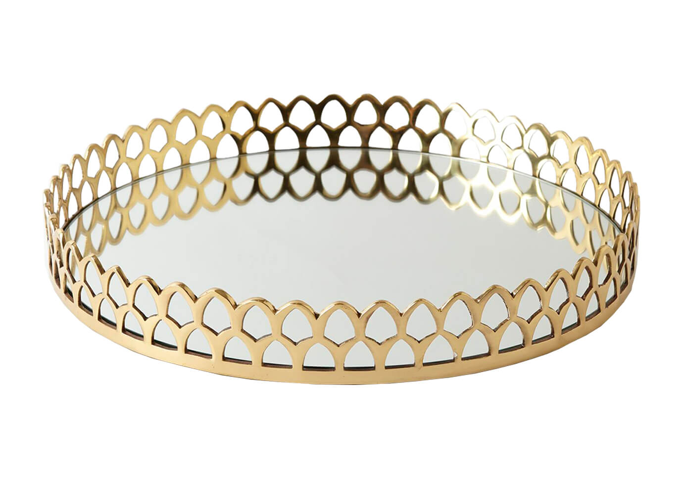 Charola Redonda Espejo Barandal Triángulos Metal Dorado