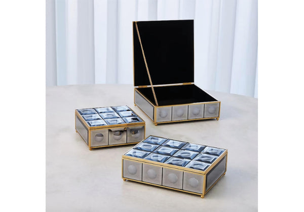 Caja de Espejo Ojos Gris Borde Latón Dorado