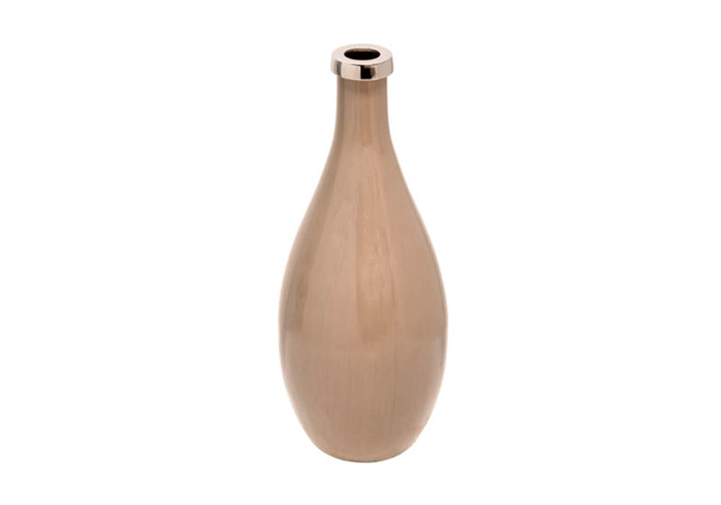 Florero de Vidrio Beige de Cuello Largo y Aro Metálico 40 cm
