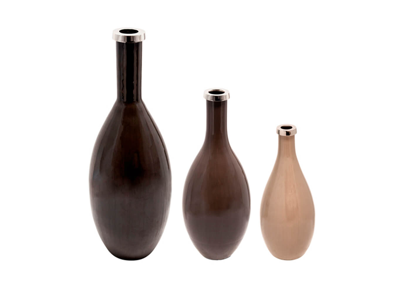 Florero de Vidrio Beige de Cuello Largo y Aro Metálico 40 cm