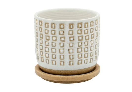 Maceta Cerámica Beige Cuadros Arena con Plato