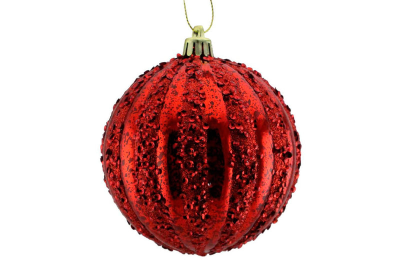 Esfera Gajos Rojo y Lentejuela 10 cm