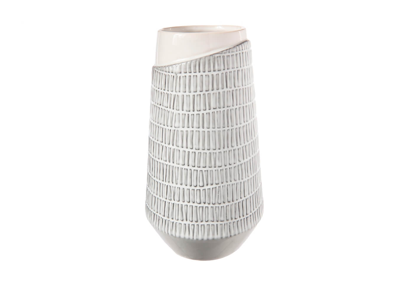 Florero Cerámica Blanco Corte Relieve con Patrón y Fondo Cónico