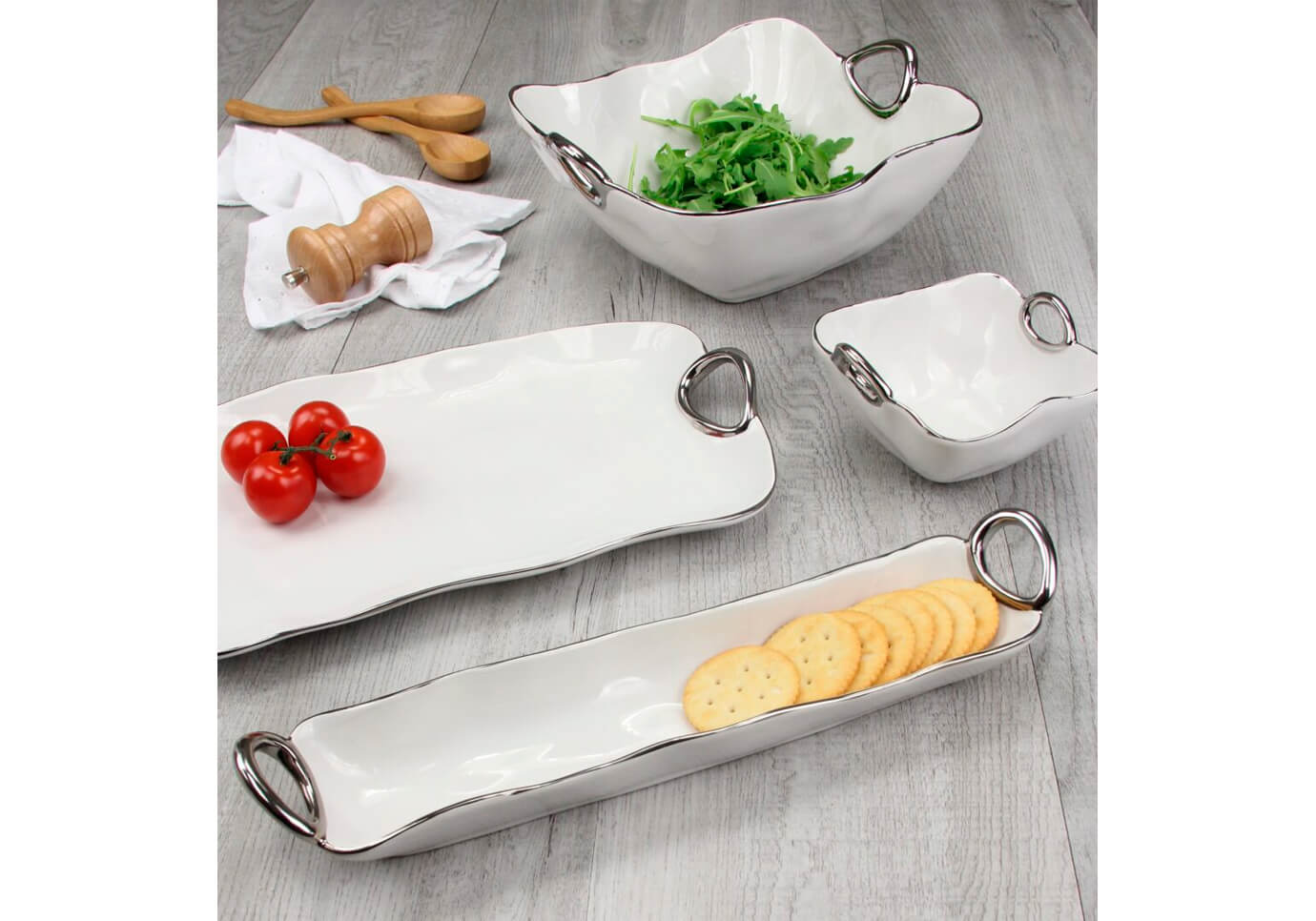 Botanero de Porcelana Blanca Asa Plateada