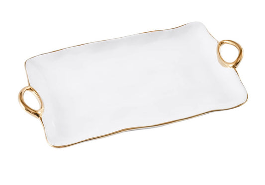 Charola de Porcelana  Rectangular Blanco y Dorado