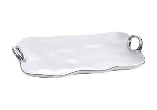 Charola de Porcelana  Rectangular Blanco y Plateado