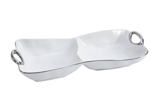Charola de Porcelana Dos Divisiones Asas Plateadas