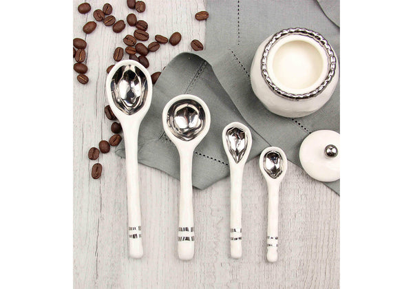 Cuchara de Porcelana Blanca Detalle Plateado - Set de Cuatro