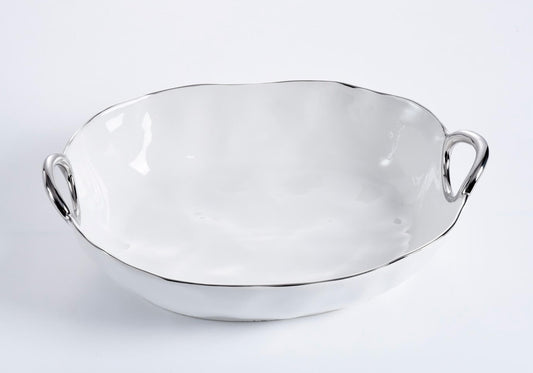 Charola de Porcelana Redondo Blanco Filo Plata