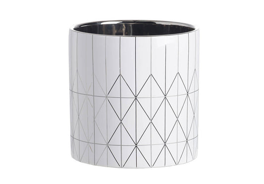 Maceta Cerámica Blanca Patrón Diamantes Plateado
