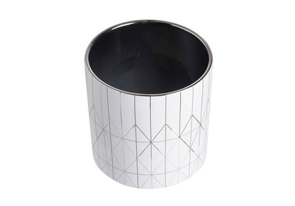 Maceta Cerámica Blanca Patrón Diamantes Plateado