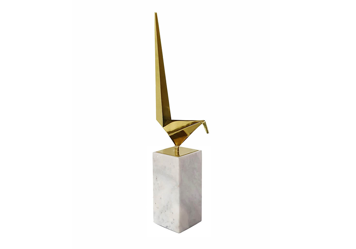 Escultura Pájaro Origami Dorado Base Mármol Alto