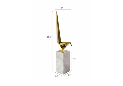 Escultura Pájaro Origami Dorado Base Mármol Alto